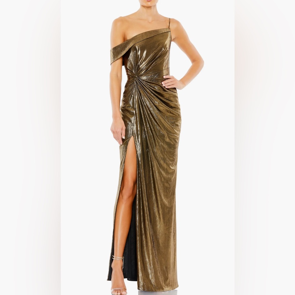 Asymmetric Metallic Wrap Front Gown - LEENA BY MAC DUGGAL